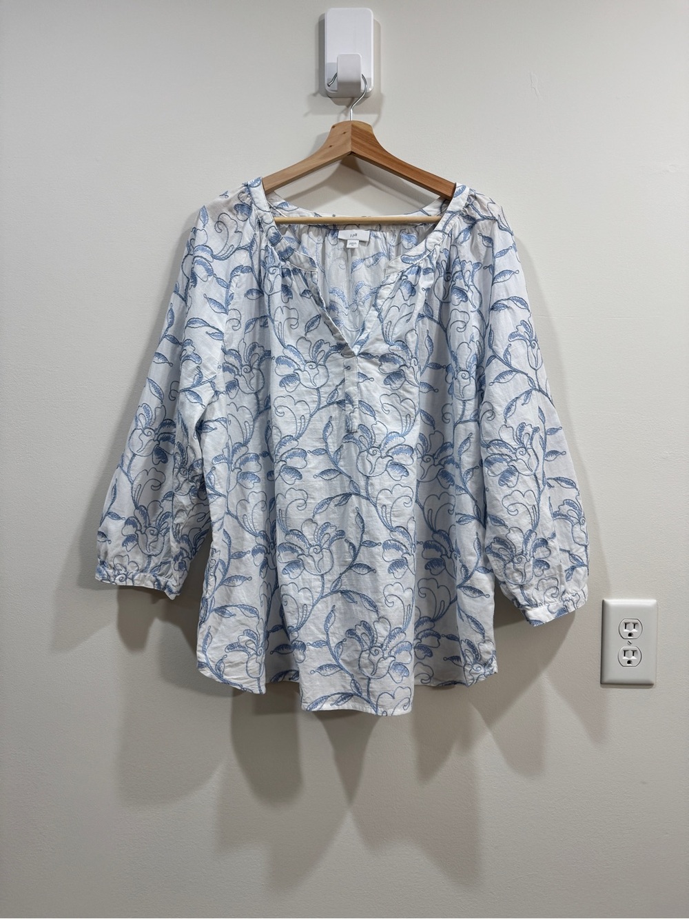 J.Jill Blue Floral Embroidered Peasant Top Boho Blouse 2X